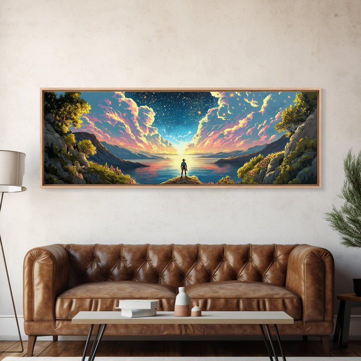 Starlit Lake Explorer Under Pink Clouds Canvas Print, Panoramic Celestial Landscape Wall Art For Dreamy Bedroom Decor And Office Decor