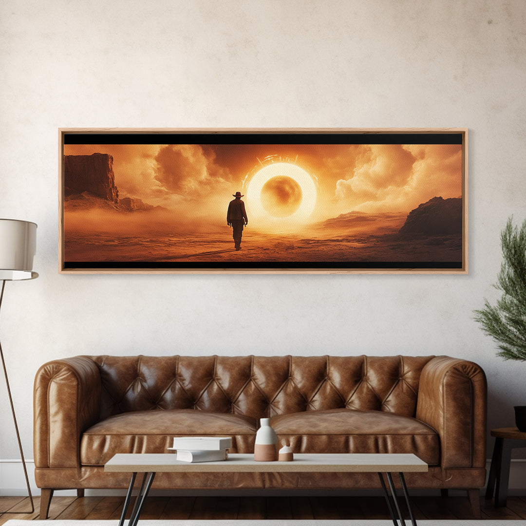 Surreal Desert Eclipse Cowboy Framed Canvas Print, Cinematic Western Landscape Wall Art For Man Cave Decor And Office Decor