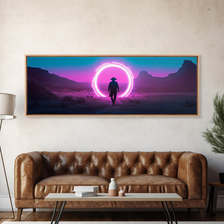 Neon Portal Cowboy In Purple Desert Framed Canvas Print, Synthwave Western Wall Art For Gaming Room Decor And Man Cave Decor