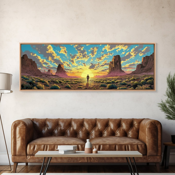 Monument Valley Cowboy At Sunrise Canvas Print, Panoramic Southwestern Desert Landscape Wall Art For Rustic Home Decor And Office Decor