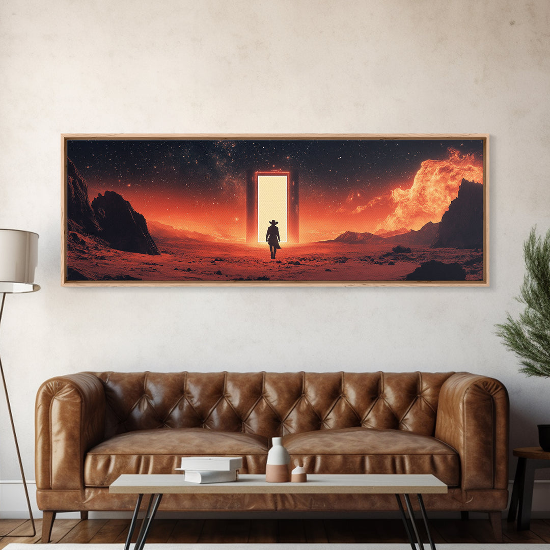 Glowing Portal In Red Desert, Lone Traveler Under Starry Sky, Sci Fi Western Canvas Print, Space Wall Art, Futuristic Decor