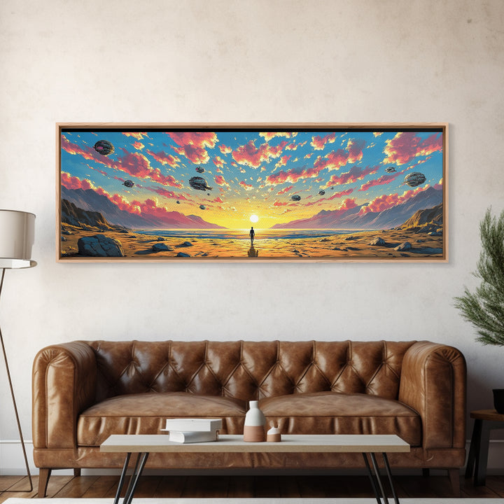 Pastel Alien Ships Over Sunset Shore, Lone Figure At Ocean Horizon, Sci Fi Wall Art, Coastal Canvas Print, Futuristic Decor