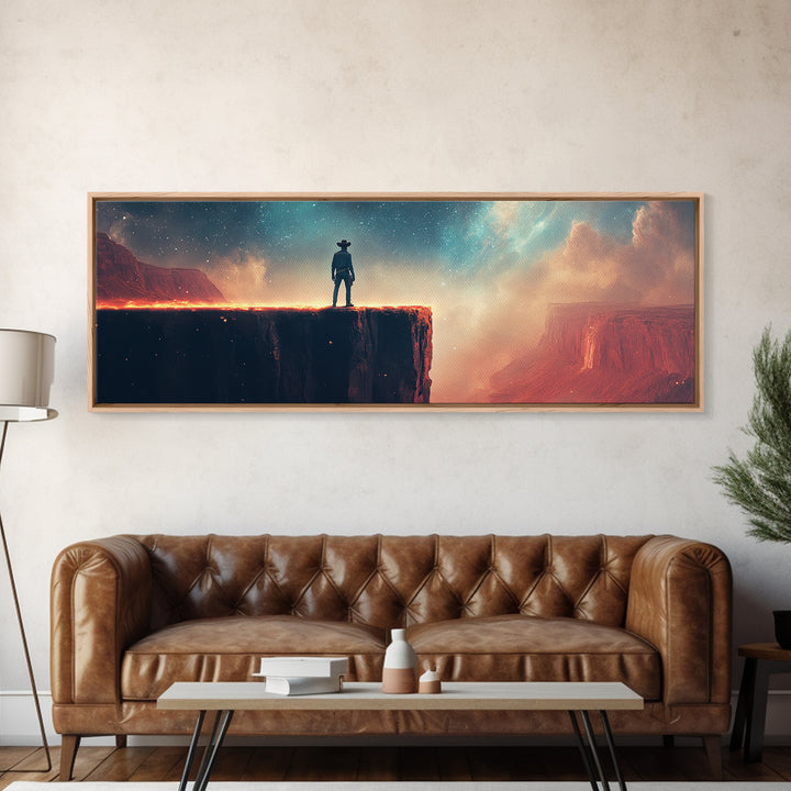 Cowboy On Glowing Canyon Cliff, Starry Teal Sky And Red Desert, Western Wall Art, Panoramic Canvas Print, Man Cave Decor