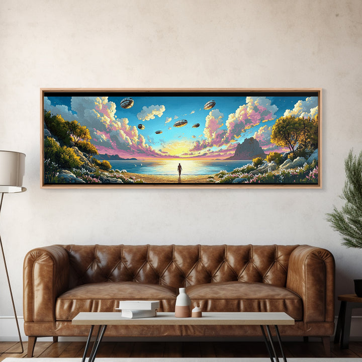 Alien Airships Above Flowered Coast, Lone Figure By Blue Sea, Whimsical Sci Fi Wall Art, Coastal Framed Canvas Print, Home Decor