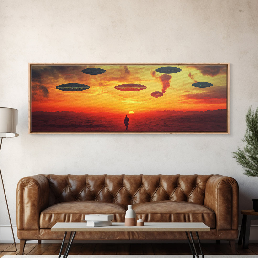 UFO Fleet Over Red Desert Sunset, Lone Traveler In Dystopian Landscape, Sci Fi Wall Art, Futuristic Canvas Print, Space Decor
