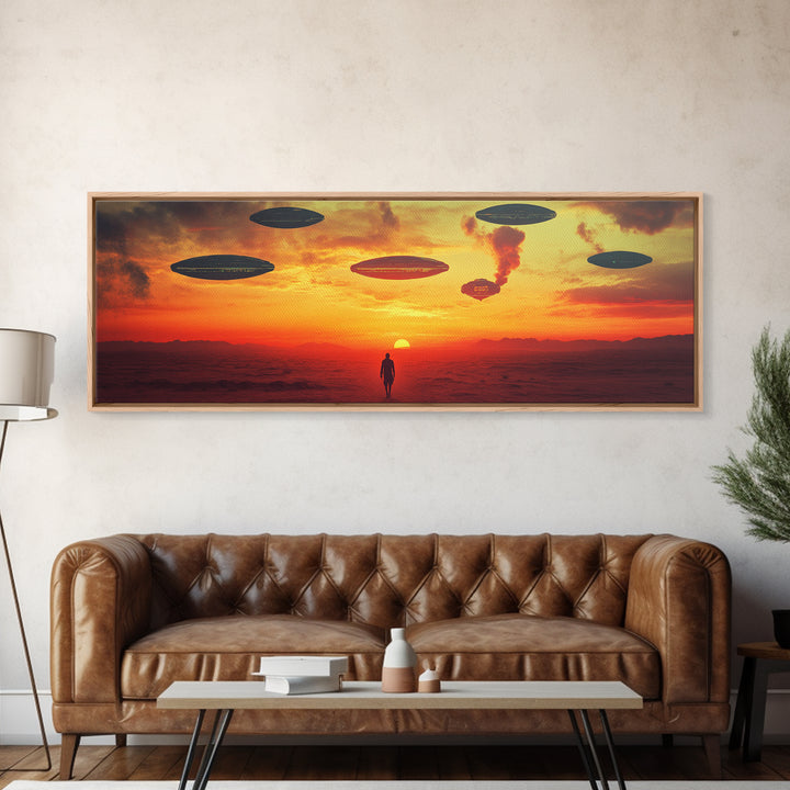 UFO Fleet Over Red Desert Sunset, Lone Traveler In Dystopian Landscape, Sci Fi Wall Art, Futuristic Canvas Print, Space Decor