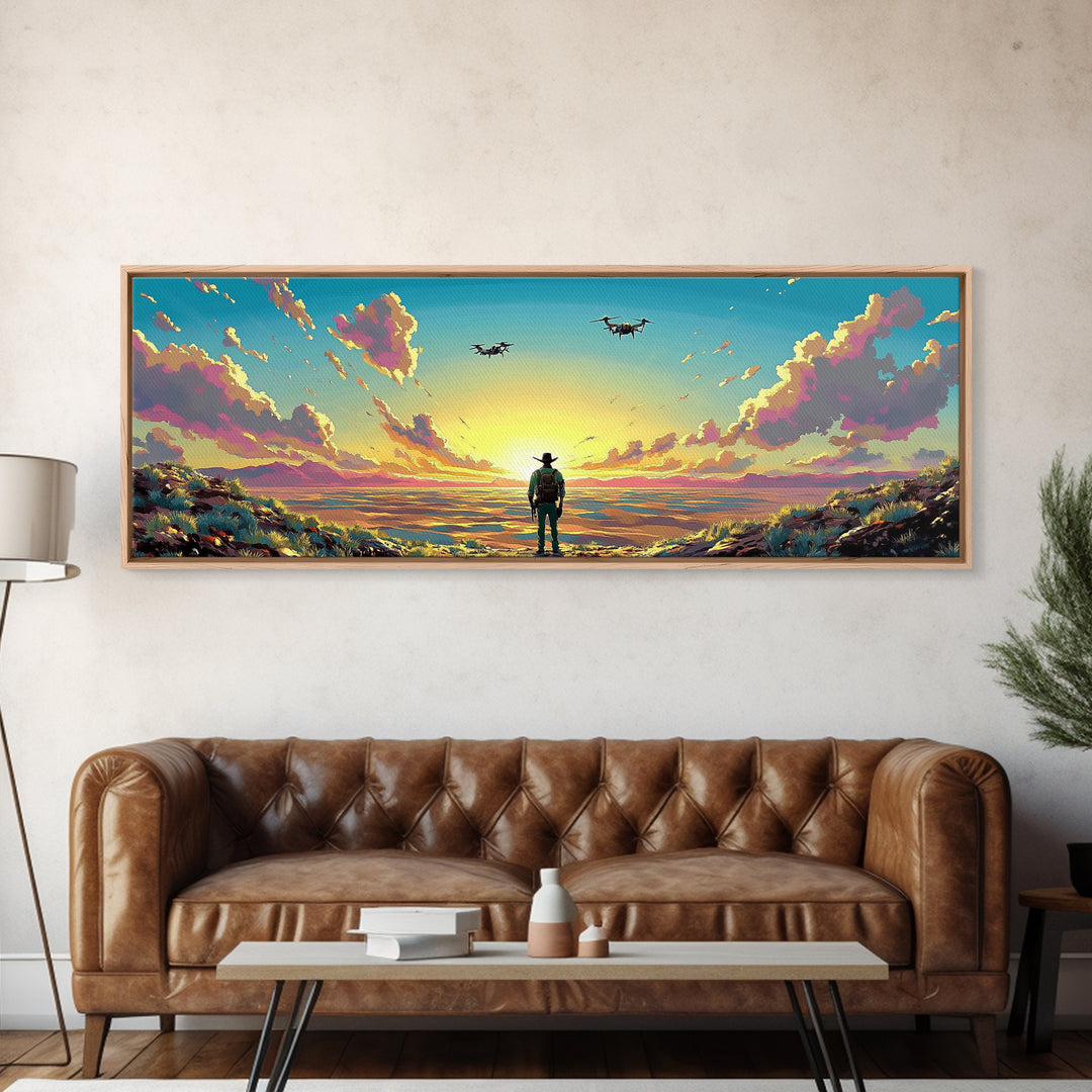 Cowboy Facing Drone Ships At Golden Sunrise, Pink Cloud Meadow Landscape Wall Art, Western Canvas Print, Futuristic Decor
