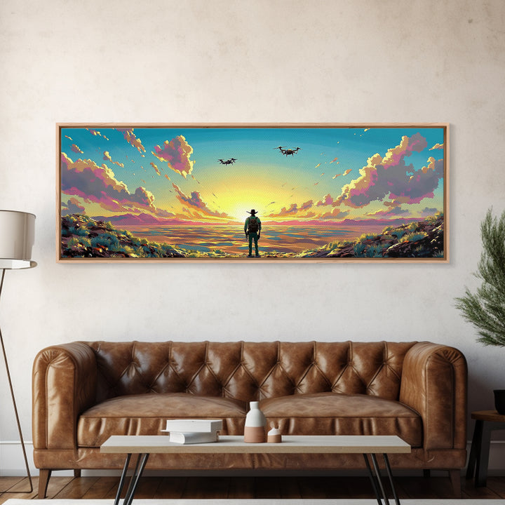 Cowboy Facing Drone Ships At Golden Sunrise, Pink Cloud Meadow Landscape Wall Art, Western Canvas Print, Futuristic Decor