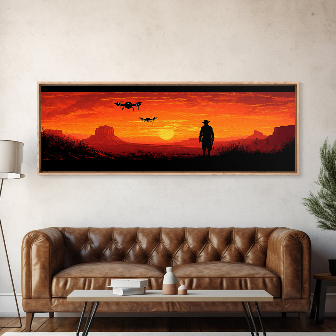 Silhouetted Cowboy With Drones At Orange Desert Sunset, Western Wall Art, Sci Fi Canvas Print, Man Cave Decor, Southwest Art