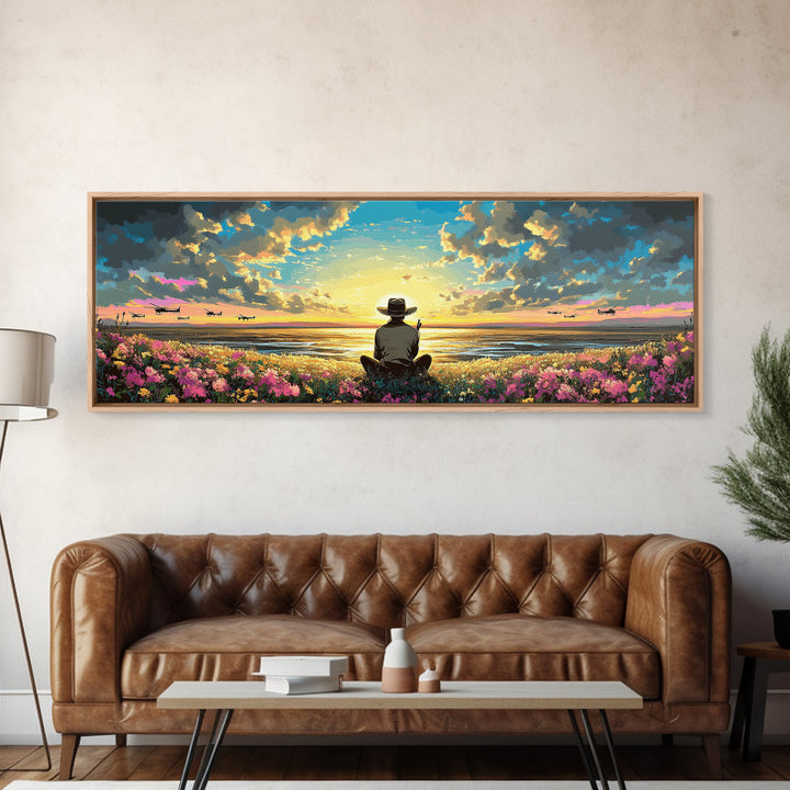 Seated Traveler In Flowered Meadow, Golden Sky Over Wide Valley, Peaceful Wall Art, Landscape Canvas Print, Cozy Home Decor