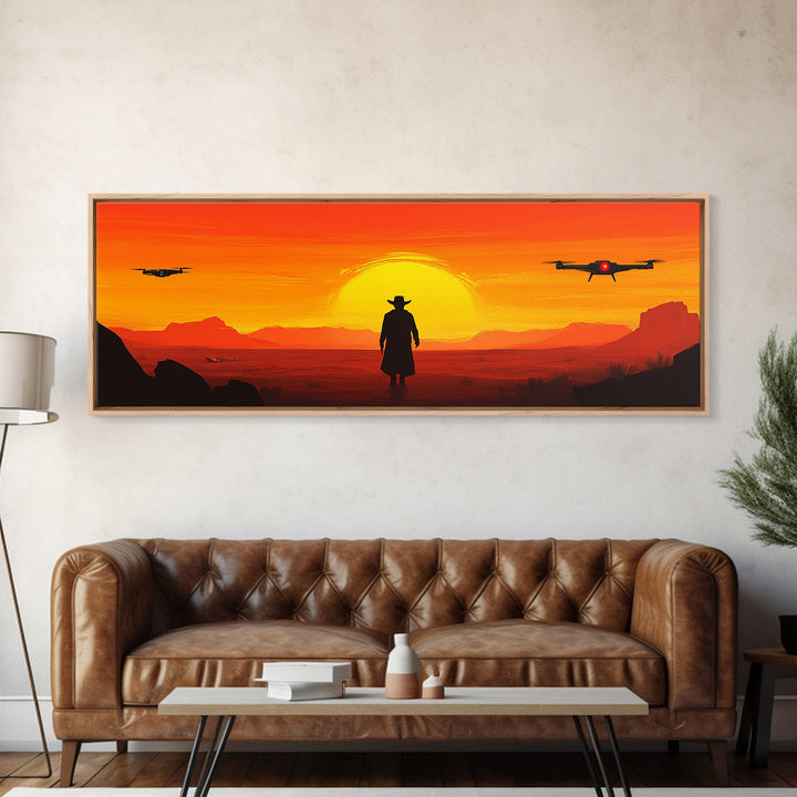 Lone Cowboy And Hovering Drones At Blazing Sun, Red Desert Western Wall Art, Sci Fi Canvas Print, Futuristic Home Decor, Desert Art