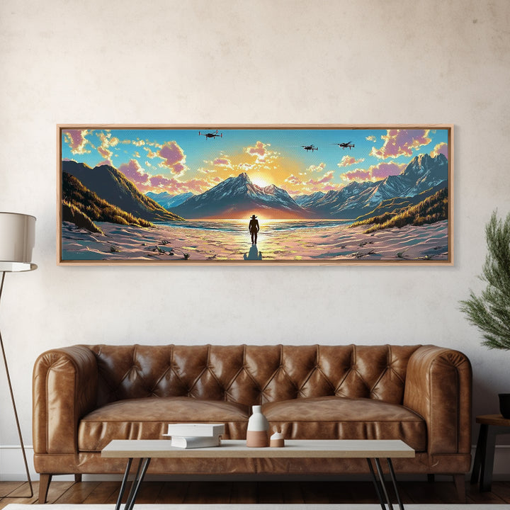 Snowy Alpine Sunset Explorer Wall Art, Panoramic Canvas Print, Mountain Landscape, Sci Fi Decor, Large Living Room Decor