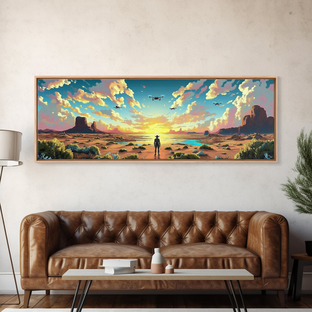 Desert Mesa Cowboy Wall Art, Panoramic Canvas Print, Western Landscape, Southwestern Decor, Large Living Room Wall Decor
