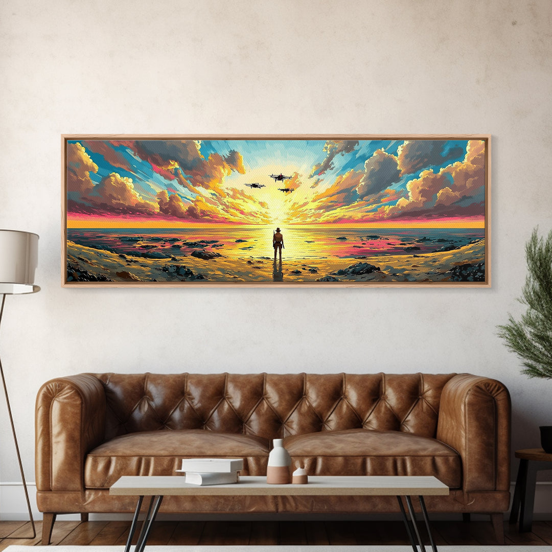 Radiant Ocean Sunset Explorer Wall Art, Panoramic Canvas Print, Coastal Seascape Art, Beach House Decor, Large Wall Decor