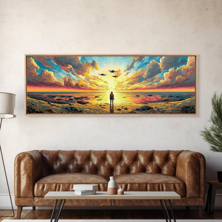 Radiant Ocean Sunset Explorer Wall Art, Panoramic Canvas Print, Coastal Seascape Art, Beach House Decor, Large Wall Decor