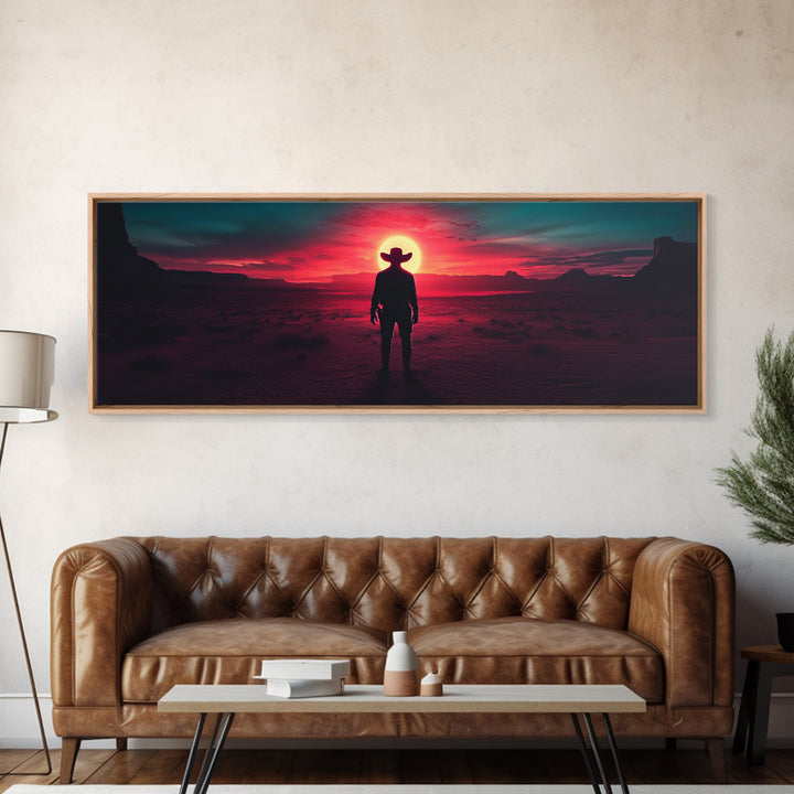 Crimson Desert Cowboy Silhouette Wall Art, Framed Canvas Print, Western Decor, Moody Landscape, Large Man Cave Wall Decor