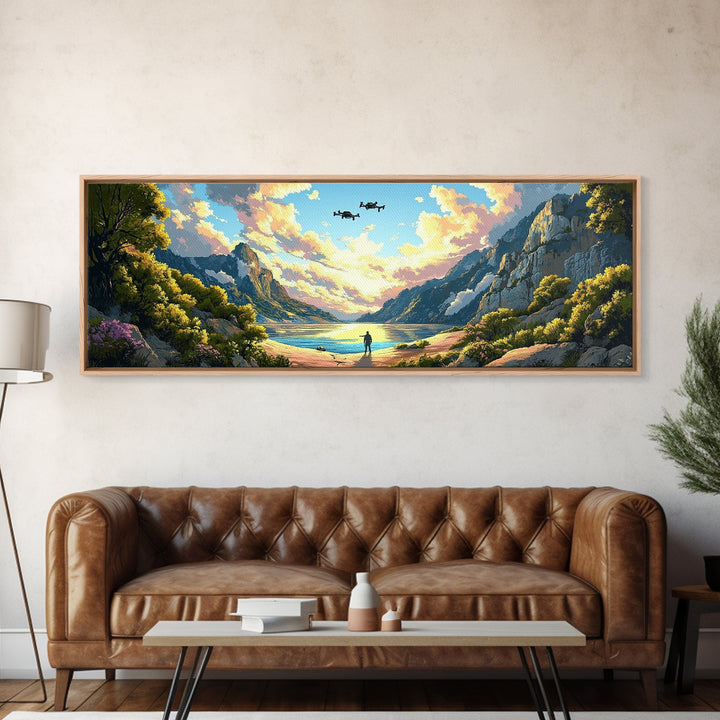 Verdant Mountain Lake Explorer Wall Art, Panoramic Canvas Print, Nature Landscape Art, Japandi Decor, Large Home Wall Decor