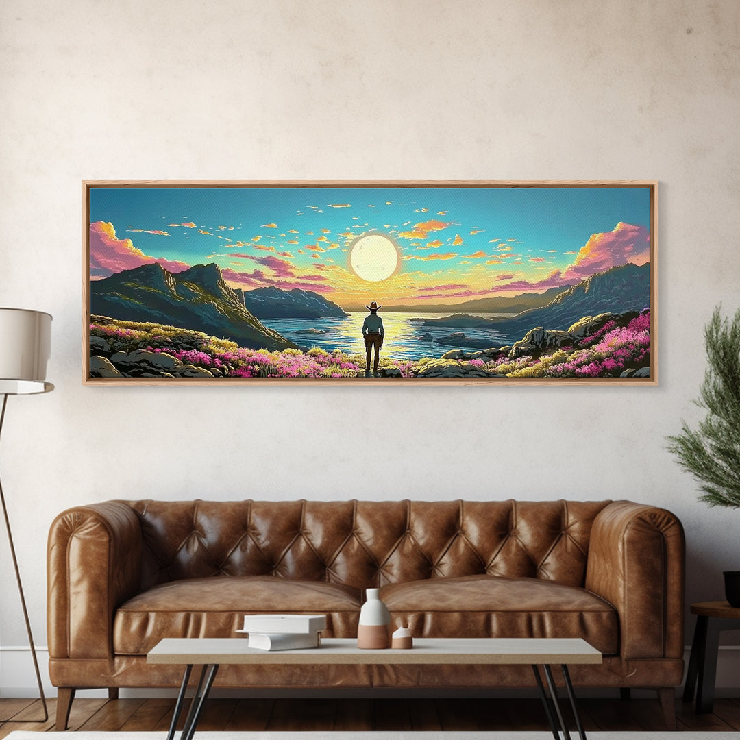 Full Moon Coastal Cowboy Wall Art, Panoramic Canvas Print, Ocean Landscape Art, Western Decor, Large Bedroom Wall Decor