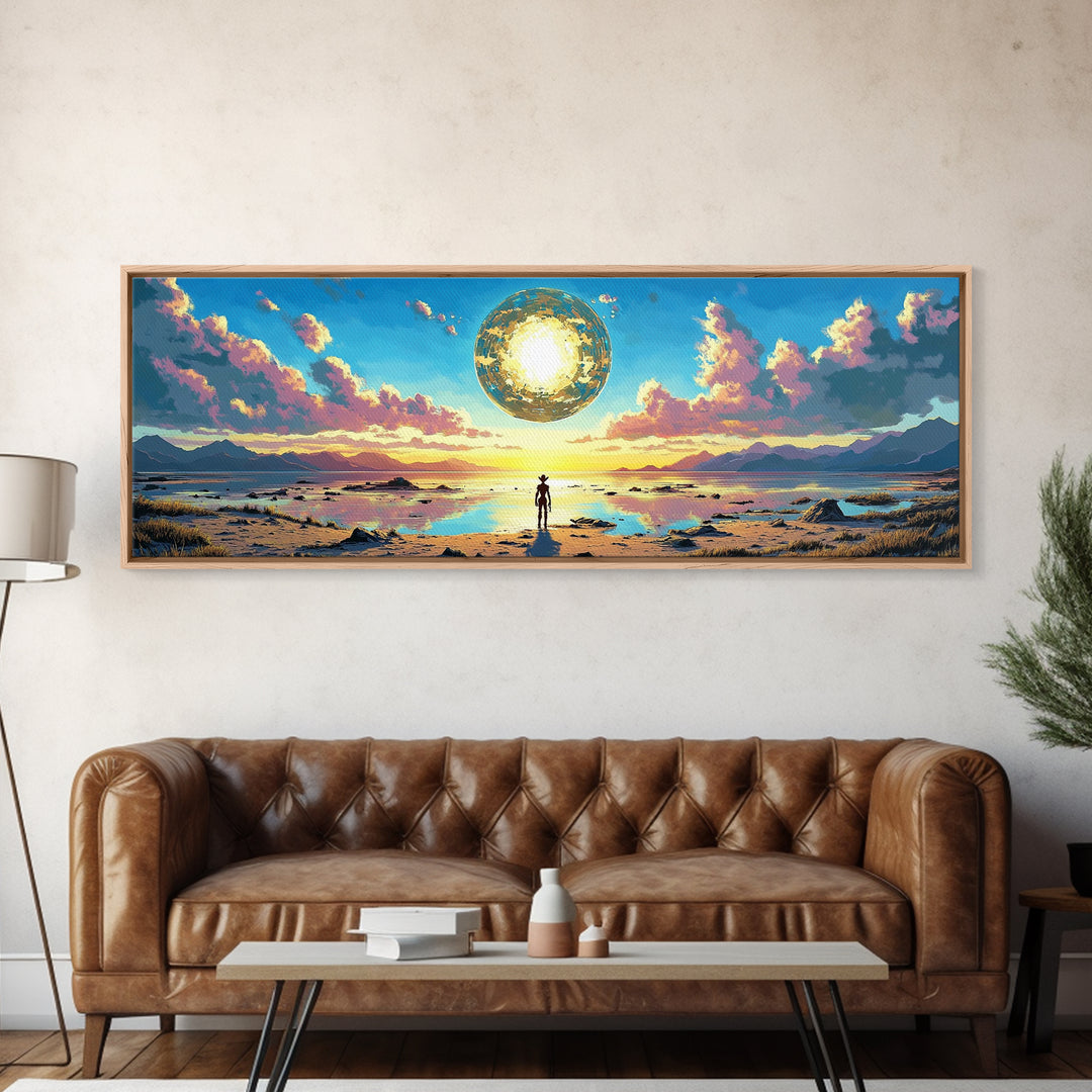 Golden Celestial Orb Wall Art, Panoramic Canvas Print, Modern Sci Fi Landscape, Surreal Art, Large Living Room Wall Decor