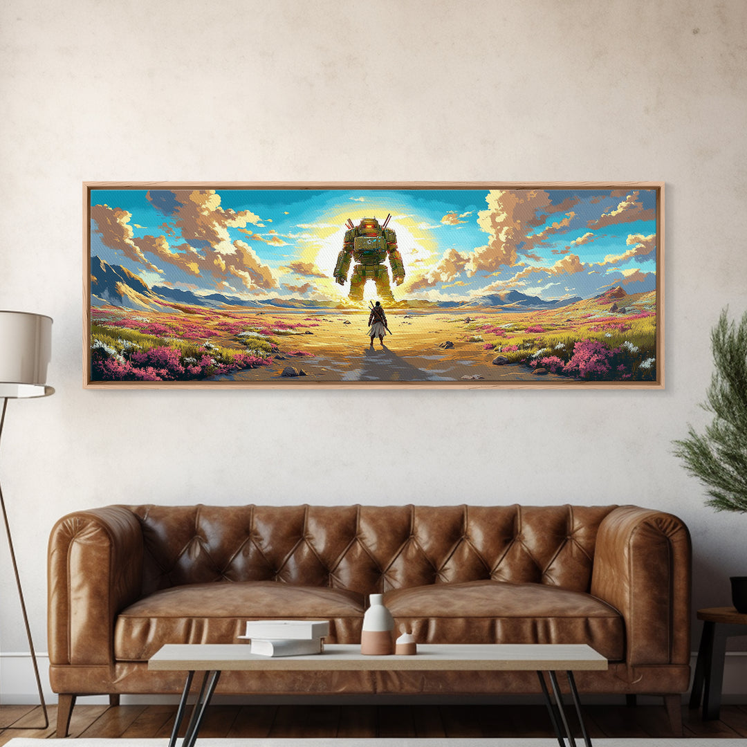 Colossal Mech And Wanderer Wall Art, Panoramic Canvas Print, Futuristic Landscape, Sci Fi Decor, Large Gaming Room Decor
