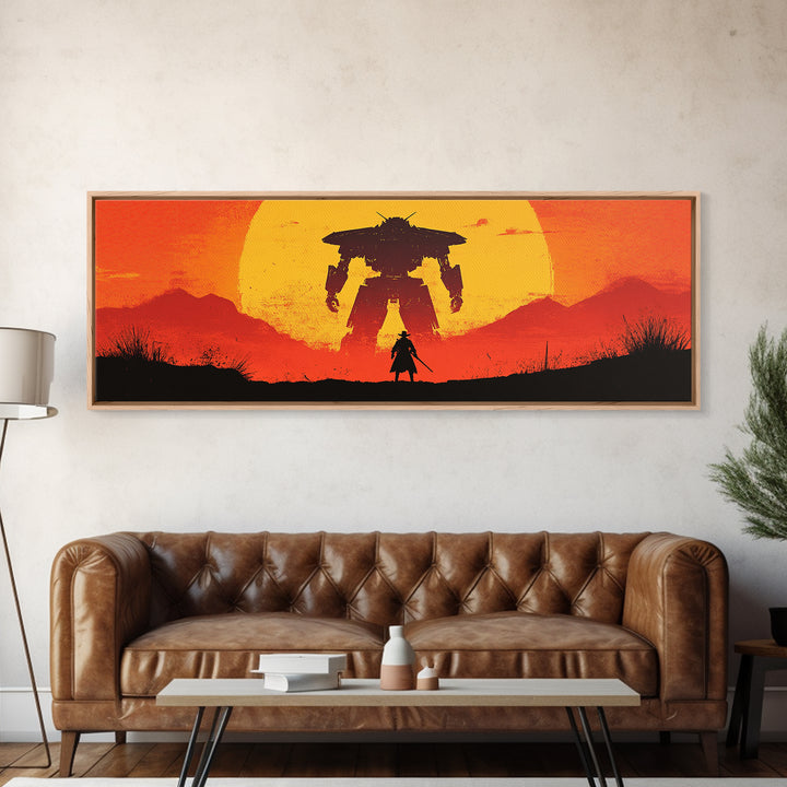 Samurai Facing Giant Mech At Orange Sunset Wall Art, Retro Sci Fi Fantasy Poster, Gaming Room Decor, Futuristic Canvas Print