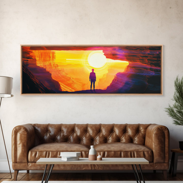 Lone Figure In Glowing Canyon Portal Canvas Print, Abstract Desert Landscape Wall Art, Modern Sci Fi Home Decor, Oversized Living Room Decor