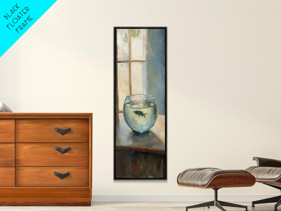 Goldfish Bowl By Window Canvas Print, Whimsical Animal Wall Art, Coastal Bathroom Decor, Kids Room Art, Unique Gift, Fish Painting