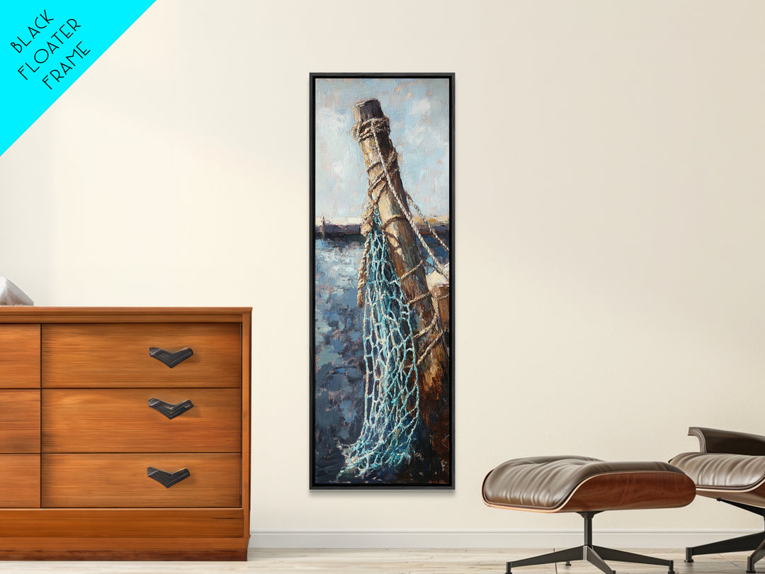 Weathered Dock Piling And Fishing Net Wall Art, Nautical Coastal Decor, Ocean Painting, Beach House Decor, Gift For Him, Lake House Art