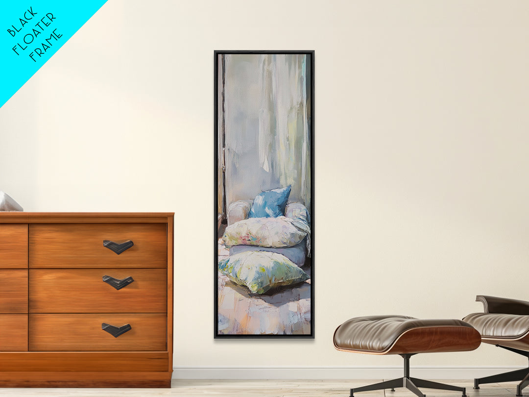 Cozy Window Pillows Framed Canvas Print, Soft Neutral Wall Art, Bedroom Decor, Above Bed Art, Guest Room Decor Gift For Her