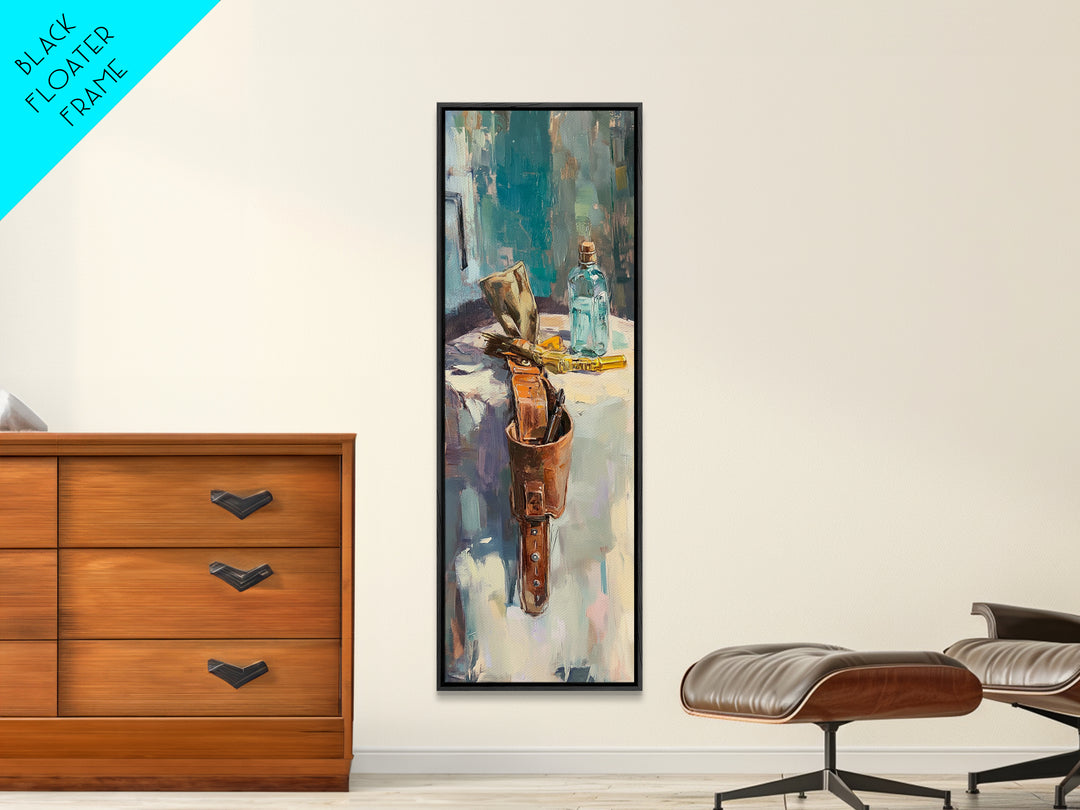 Leather Satchel And Blue Bottle Studio Still Life Framed Canvas Print, Rustic Wall Art, Office Decor, Gift For Him, Man Cave Decor