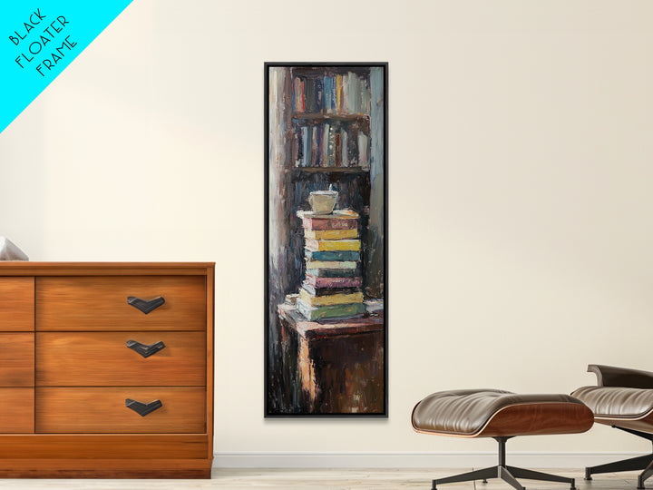 Stack Of Books And Coffee Mug Wall Art, Cozy Library Oil Painting Print, Book Lover Reading Nook Home Office Decor Gift For Readers