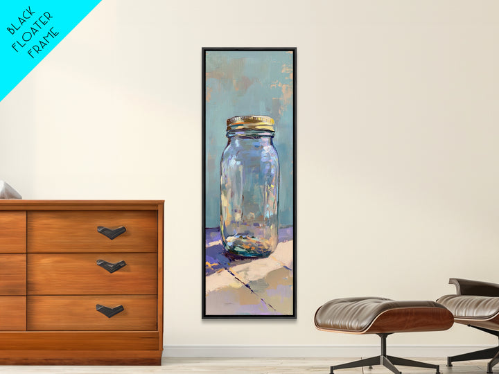 Clear Mason Jar On Blue Table Wall Art, Modern Rustic Still Life Oil Painting Print, Minimal Farmhouse Kitchen Home Decor Gift