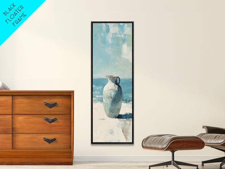 White Ceramic Vase By The Sea Canvas Print, Coastal Wall Art, Minimalist Ocean Decor, Beach House Living Room Art, Neutral Home Decor