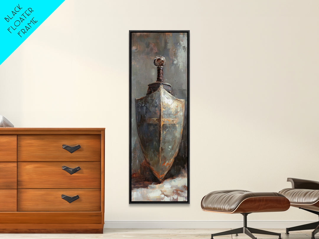 Medieval Shield And Sword Wall Art, Dark Academia Canvas Print, Rustic Gothic Decor, Fantasy Armor Painting, Masculine Office Art
