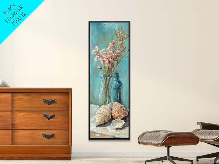 Coastal Seashells And Blue Bottles Wall Art, Beach Canvas Print, Nautical Decor, Ocean Wall Art, Beach House Gift For Her