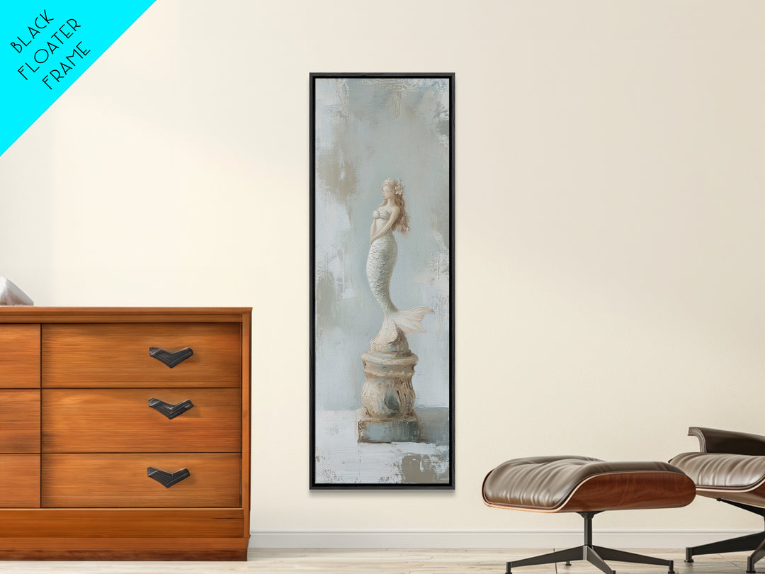 White Mermaid Statue Coastal Wall Art, Nautical Bathroom Canvas Print, Beach House Decor, Feminine Fantasy Gift For Her Home