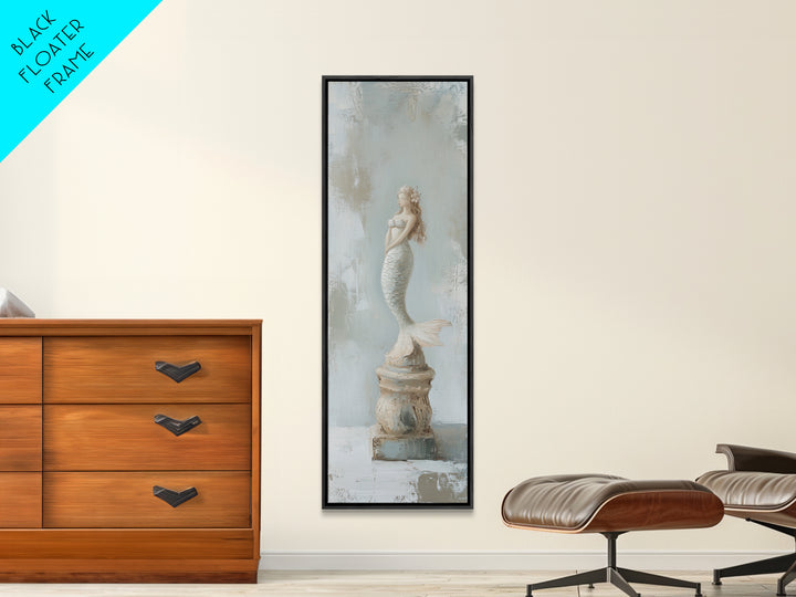 White Mermaid Statue Coastal Wall Art, Nautical Bathroom Canvas Print, Beach House Decor, Feminine Fantasy Gift For Her Home