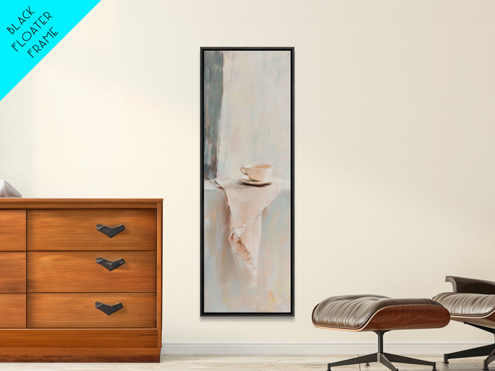 Minimalist Teacup On Linen Shelf Wall Art, Neutral Kitchen Decor, Coffee Bar Art Print, Japandi Canvas Print, Gift For Her