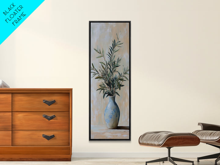 Olive Branches In Blue Vase Framed Canvas Print, Botanical Wall Art, Neutral Wall Decor, Mediterranean Home Decor Gift For Her