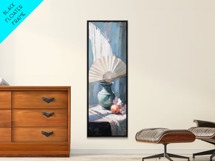 White Folding Fan Over Blue Vase Wall Art, Japandi Canvas Print For Bedroom Decor, Elegant Still Life And Modern Home Decor