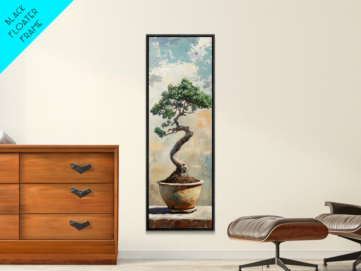 Bonsai Tree In Ceramic Pot Framed Canvas Print, Japanese Zen Wall Art, Nature Inspired Decor For Office And Meditation Room