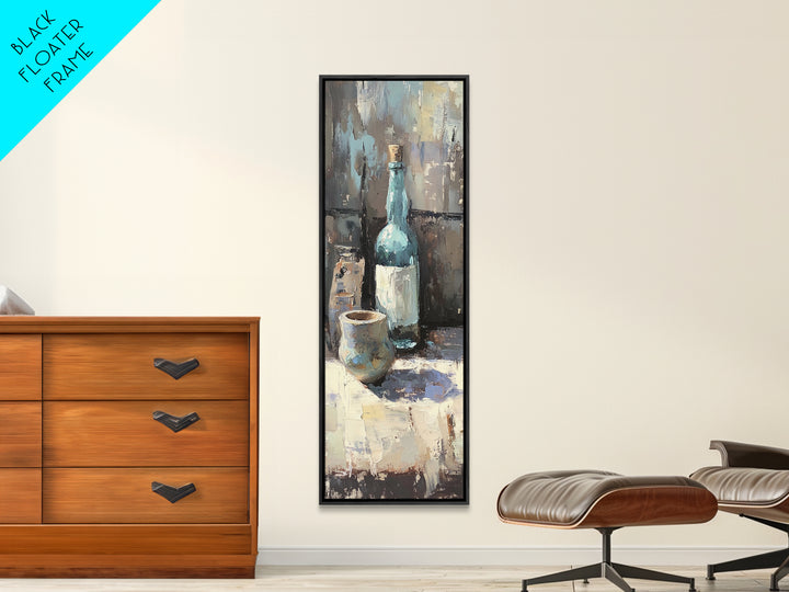 Blue Bottle And Ceramic Cup Still Life Canvas Print, Moody Kitchen Wall Art, Rustic Dining Room Decor, Coffee Bar Gift For Her