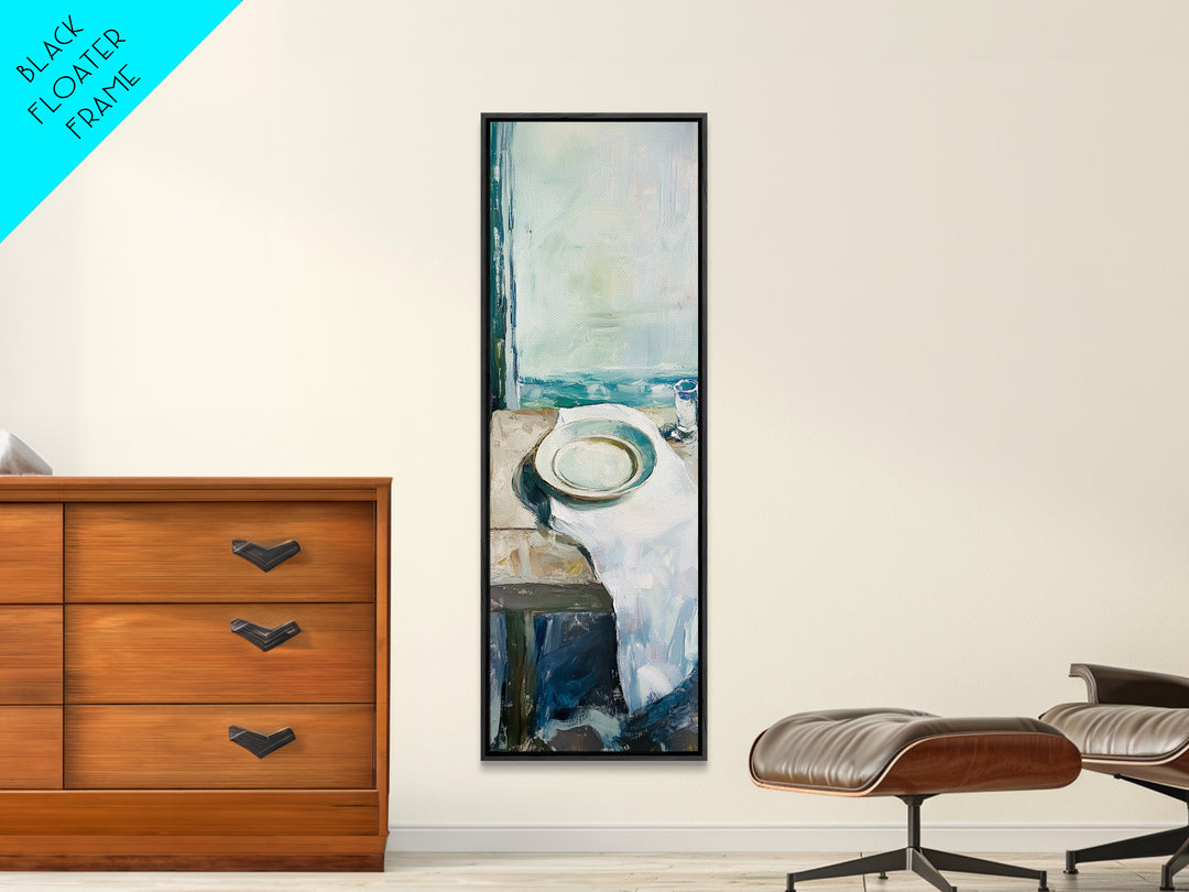 Seaside White Plate And Cup Minimalist Canvas Print, Coastal Kitchen Wall Art, Ocean View Decor, Beach House Gift For Her
