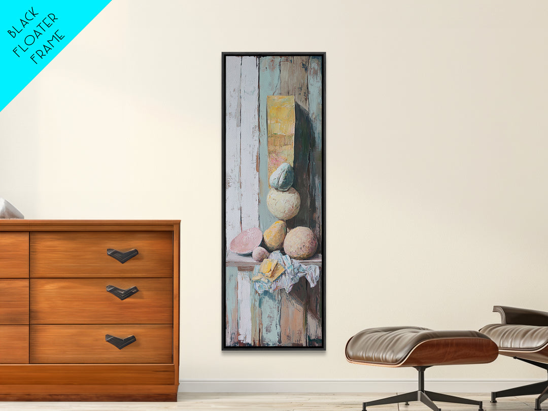 Pastel Stone Stack Still Life Framed Canvas Print, Wabi Sabi Wall Art, Neutral Rustic Decor, Organic Modern Art Gift For Her