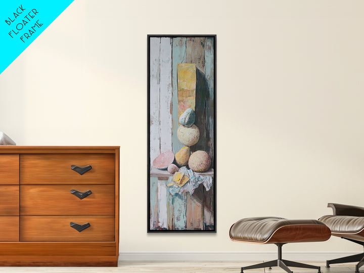 Pastel Stone Stack Still Life Framed Canvas Print, Wabi Sabi Wall Art, Neutral Rustic Decor, Organic Modern Art Gift For Her