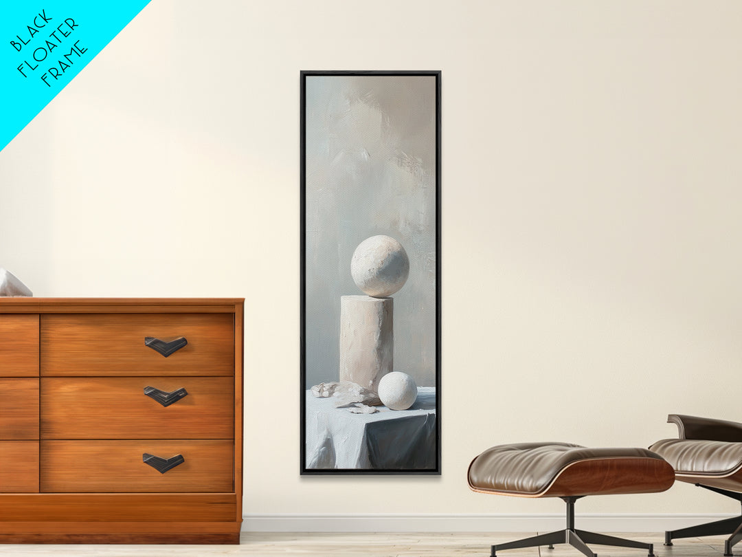 Minimalist White Sphere And Column Still Life Wall Art, Neutral Abstract Canvas Print For Modern Office Decor And Home Decor