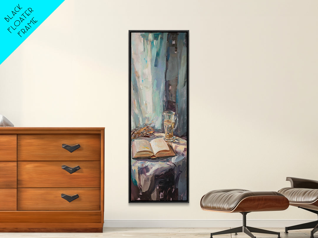Open Book And Wine Glass By Window Wall Art, Moody Reading Nook Canvas Print For Library Decor, Home Office Decor And Book Lover Gift