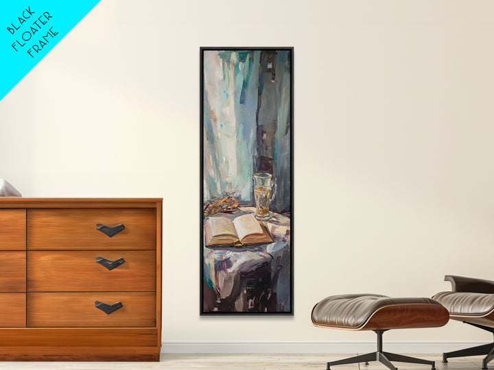 Open Book And Wine Glass By Window Wall Art, Moody Reading Nook Canvas Print For Library Decor, Home Office Decor And Book Lover Gift