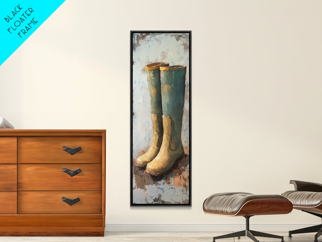 Tall Green Rain Boots Oil Painting Canvas Print, Rustic Farmhouse Decor, Country Wall Art, Mudroom Housewarming Gift For Her