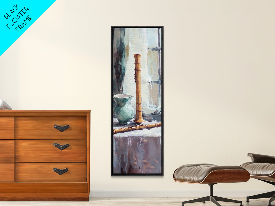 Turquoise Vase And Bamboo Flute Still Life Framed Canvas Print, Japandi Wall Art, Zen Home Decor, Calming Office Art Print
